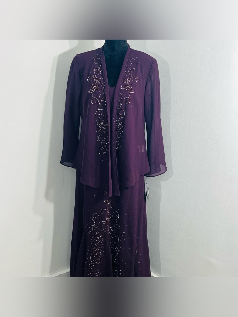 R&M Richards 2 Pc Maxi Eggplant Dress Set Made In USA Sheer NEW Size 16 Chiffon - Picture 11 of 13